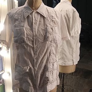 White Button Up Lace Blouse with Pockets